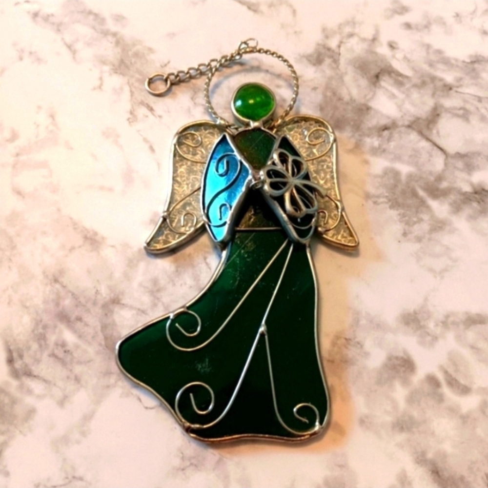 Green and Blue Stained Glass Angel Ornament